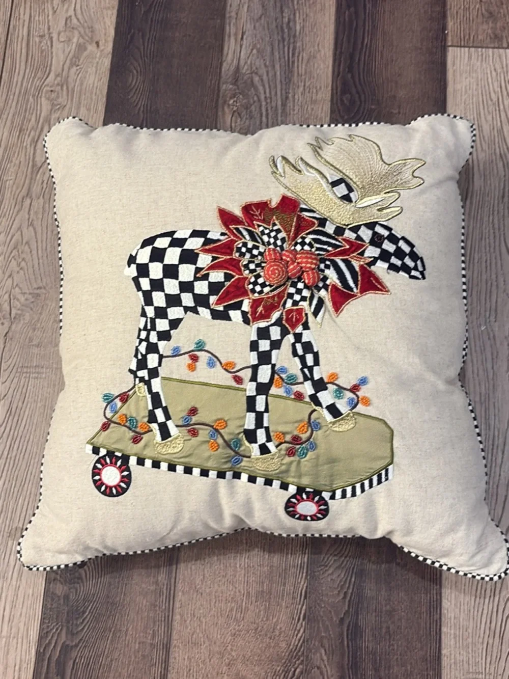 MacKenzie-Childs Checkered Moose Holiday Pillow in Cream, Black, Red, Gold